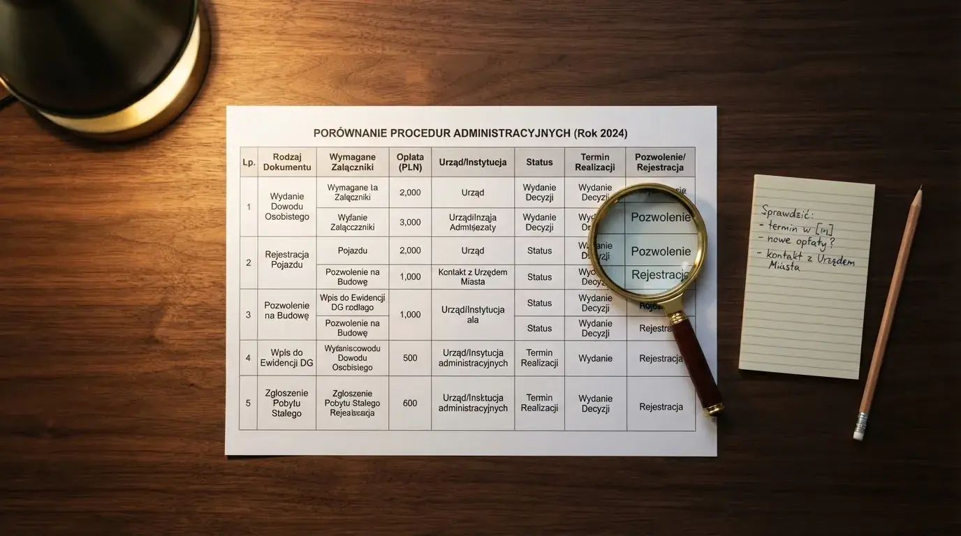 Biurko z wydrukowaną tabelą porównawczą marek, lupą i notatkami przy kolumnie z numerami licencji
